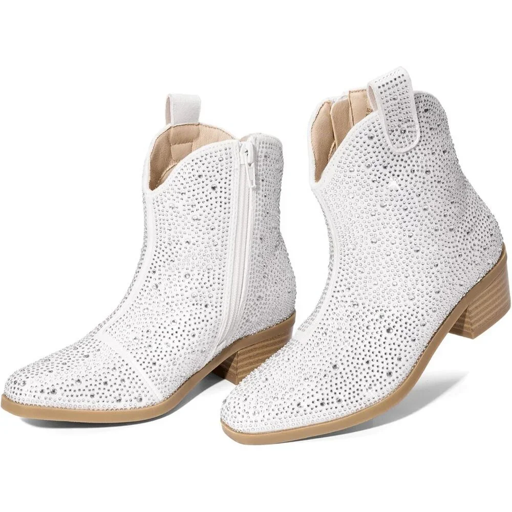 ⚡Girls White Cowgirl Rhinestone Zipper Boots Ankle Low Heel Dress Booties